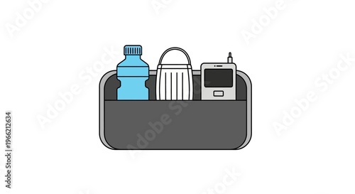 Gray bag with travel accessories inside.