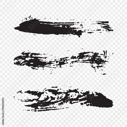 Set of vector black brush strokes for ink paint, grunge design element, mud banner, watercolor design, dirty texture. Isolated brush strokes on transparent background