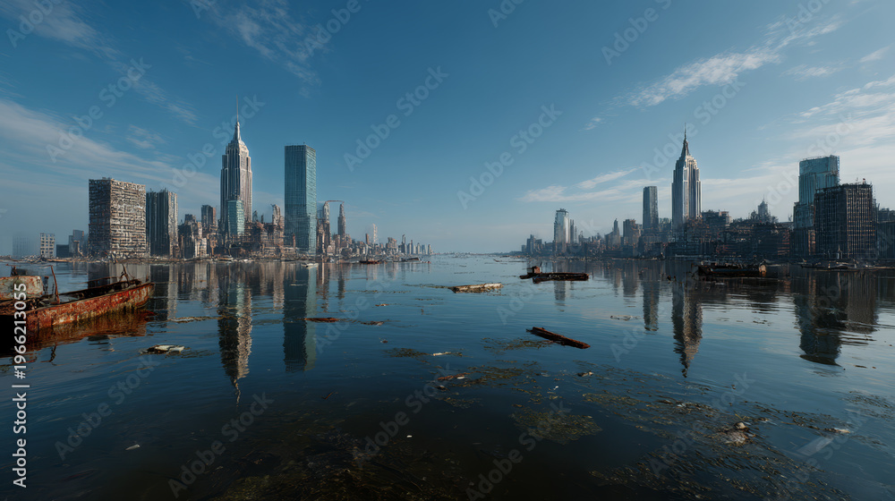 Obraz premium Post-apocalyptic New York City skyline reflected in polluted water with debris