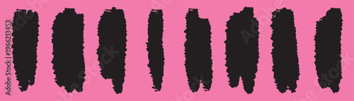 Set of 8 black grunge long vertical brush strokes, frames, isolated vector illustrations.