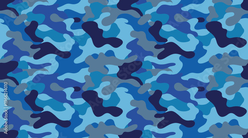 Seamless blue camouflage pattern with various shades of blue and greyish tones, ideal for backgrounds or textile designs.
