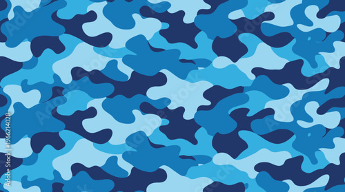 Seamless blue camouflage pattern featuring various shades of blue in an abstract, interlocking design, suitable for backgrounds or textiles.
