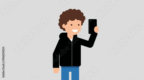 Cartoon illustration of a smiling young man with curly hair wearing a black hoodie and blue jeans, holding a smartphone up, possibly taking a selfie or video calling.
