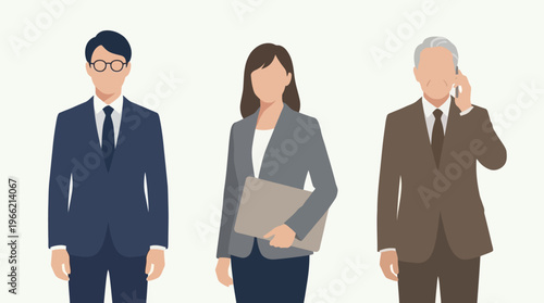 Three diverse business professionals, including a man in glasses, a woman with a folder, and an older man on a phone, standing in suits.