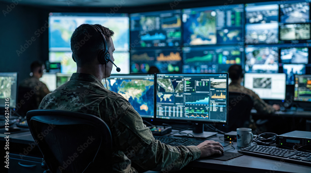 Obraz premium A military analyst sits in a control center focused on various data screens. The analyst reviews and interprets information for strategic decisions and mission support