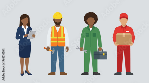 Diverse group of professionals including a businesswoman, construction worker, mechanic, and delivery person representing various occupations.
