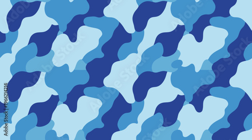 Seamless blue camouflage pattern featuring various shades of blue in an abstract, wavy, and repeating design, ideal for backgrounds and textiles.
