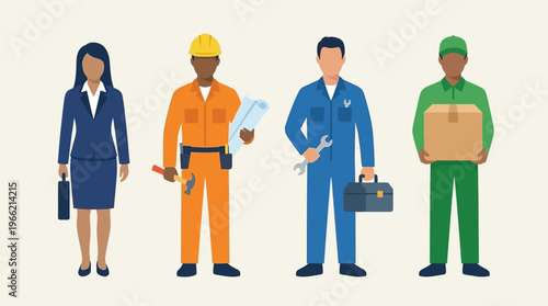 Diverse group of professional workers representing various occupations and industries, including business, construction, mechanics, and delivery services.
