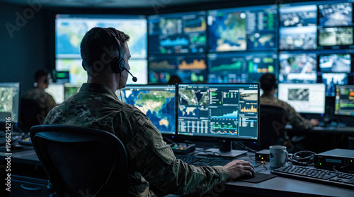 A military analyst sits in a control center focused on various data screens. The analyst reviews and interprets information for strategic decisions and mission support