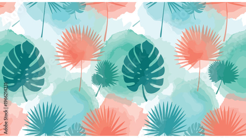 Modern Tropical Foliage Seamless Pattern with Watercolor Textures in Teal and Coral Hues