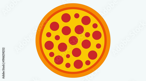 Simple flat design illustration of a whole pepperoni pizza with a golden crust and red toppings on a white background.