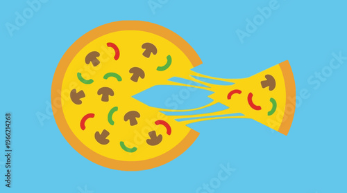 A cartoon illustration of a pizza with a slice being pulled away, showing stretchy cheese and various toppings on a blue background.