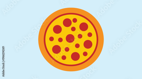 A simple, flat-design illustration of a whole pepperoni pizza with a yellow base and orange crust on a light blue background.