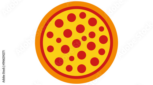 Flat illustration of a classic round pepperoni pizza with yellow cheese and red toppings on a white background, viewed from above.