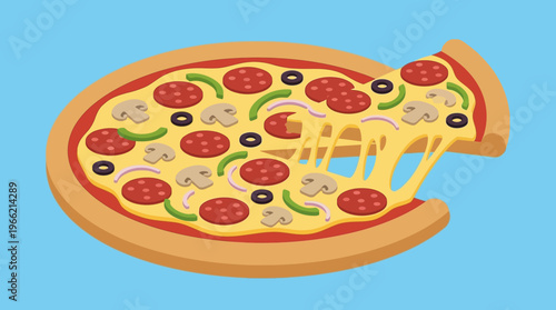 Delicious whole pizza with various toppings and a slice being pulled away, showing stretchy melted cheese on a blue background.