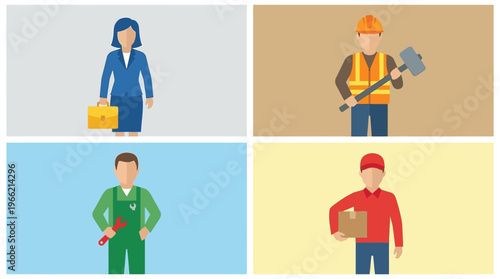 Four flat design illustrations depicting diverse professionals including a businesswoman, construction worker, mechanic, and delivery person, representing various occupations.