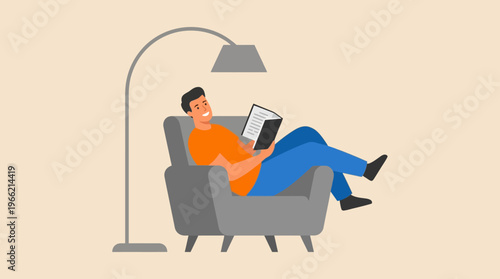 An illustration of a man relaxing comfortably in an armchair, reading a book under the soft light of a floor lamp.