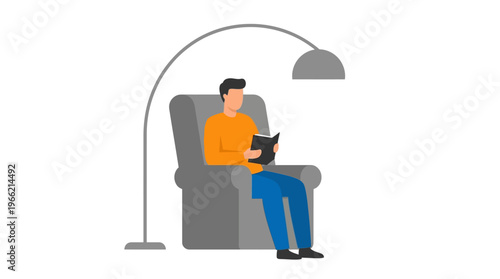 Illustration of a man comfortably reading a book in an armchair under a modern floor lamp.