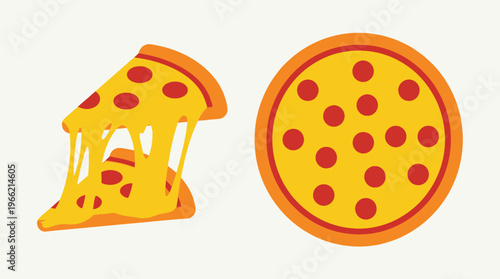 Cartoon illustration of a whole pizza and a cheesy, melting slice with pepperoni toppings on a light background, depicting a classic fast food meal.