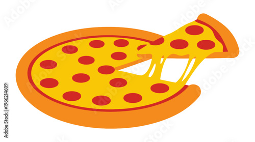 A vibrant cartoon illustration of a whole pizza with a slice being lifted, showcasing melted, stretchy cheese and pepperoni toppings.