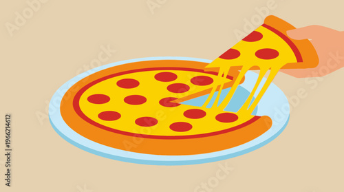 A hand lifting a cheesy slice of pepperoni pizza from a whole pizza on a blue plate, showing melted cheese stretching.