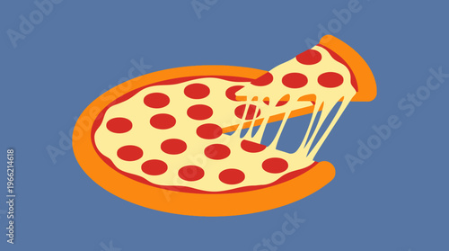 A vibrant cartoon illustration of a delicious pepperoni pizza with a slice being pulled, showcasing gooey, stretchy melted cheese against a solid blue background.