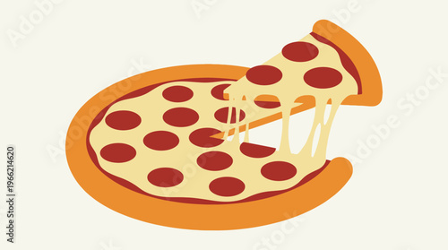 A cartoon illustration of a whole pepperoni pizza with a slice being lifted, showing delicious melted cheese stretching.