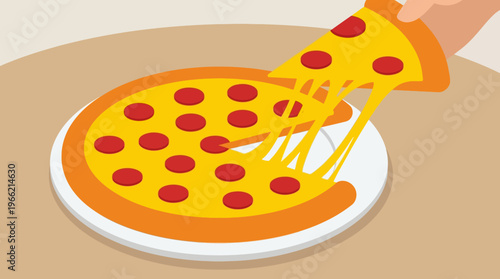 A hand lifts a cheesy slice of pepperoni pizza from a whole pizza on a white plate, showing melted cheese stretching.