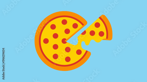 Cartoon illustration of a delicious pizza with a slice removed, showing melted cheese on a light blue background.