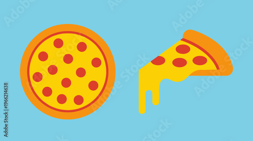 Flat design illustration of a whole pepperoni pizza and a single slice with melted cheese dripping on a light blue background.