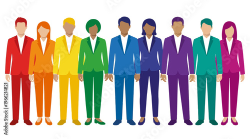 A diverse group of ten business professionals, five men and five women, standing in a line, each wearing a different colored suit representing a rainbow spectrum.