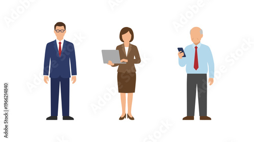 Three diverse business people, including a man in a suit, a woman with a laptop, and an older man with a smartphone, standing in a vector illustration.