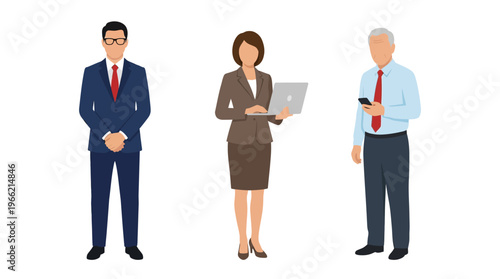 Three diverse business professionals, including a man in a suit, a woman using a laptop, and an older man checking his phone, standing on a white background.