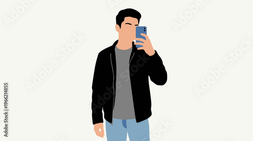 Minimalist illustration of a young man taking a selfie with his smartphone, wearing a black jacket and blue jeans on a plain background.