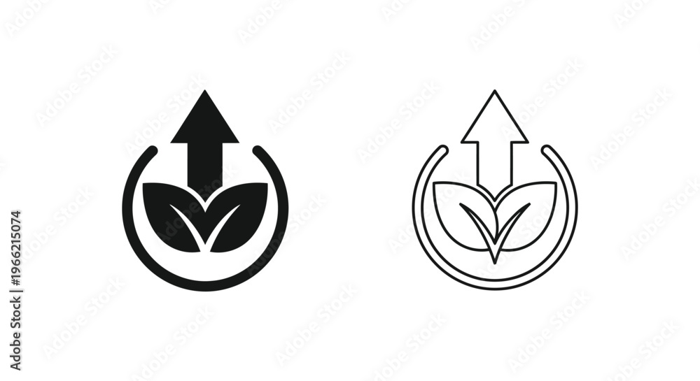 Fototapeta premium a black and white icons of a plant growing with an upward arrow Vector