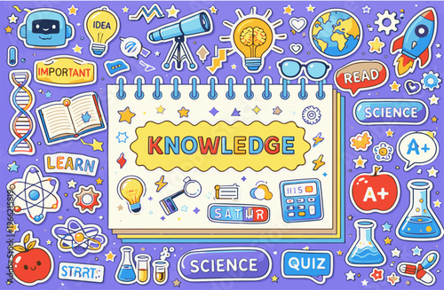 Educational science doodle stickers on purple background, knowledge and learning vector collection, school supplies and laboratory equipment icons for back to school projects