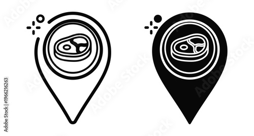steak house location map pin icons set featuring raw meat cut inside navigation pointer symbols for restaurant finding and barbecue spots