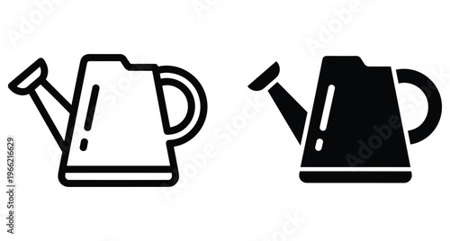 Watering can icon set for gardening and plant care featuring outline and solid black vector designs for web and print