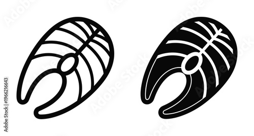 Salmon steak fish fillet icons set with outline and solid black silhouette styles for seafood restaurant menu and healthy cooking