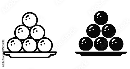 Indian sweet laddu dessert icon set with outline and solid black silhouette styles showing stacked round balls on a plate