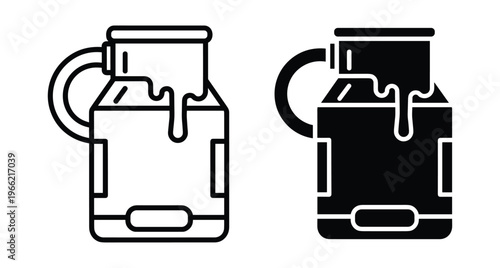 Milk can icon set with dripping liquid dairy container farm equipment outline and solid silhouette vector illustration for graphic design