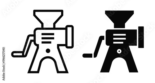 Manual meat grinder icon set with outline and solid silhouette styles for kitchen appliance food preparation and butchery equipment design