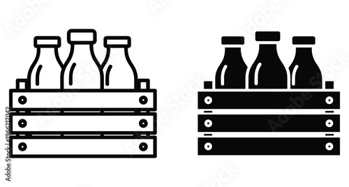 Milk bottles in wooden crate icon set with outline and solid silhouette styles for dairy delivery farm fresh product branding