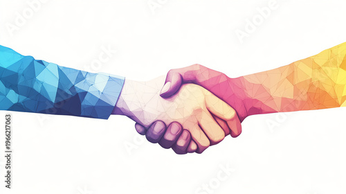 A colorful geometric handshake symbolizing collaboration and partnership in a modern business environment.