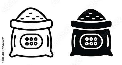 Sack of grain and flour bag icons representing agriculture harvest food storage seeds wheat and farming supplies in outline and solid styles