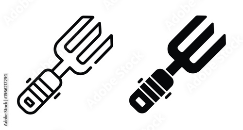 Garden fork icon set featuring outline and solid black hand tool designs for agriculture horticulture landscaping and backyard maintenance projects