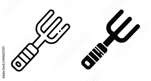 Garden hand fork icon set for soil cultivation planting agriculture equipment tool outline and solid black vector graphic design elements