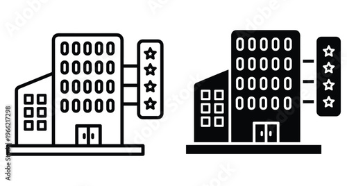 Hotel building icon set with four stars rating sign showing accommodation service for travel tourism hospitality business lodging and apartment