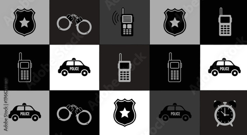 Collection of police-related icons, including badges, binoculars, and police cars, on a black and white checkered background