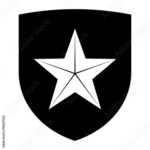 A white five-pointed star superimposed on a black shield, symbolizing protection, guidance, and excellence